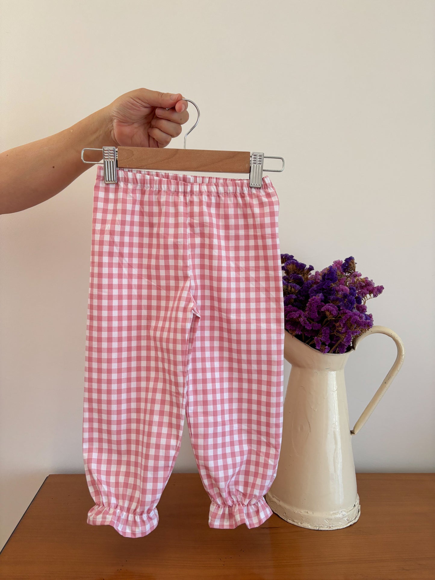 Pijama Vichy Rosa e Branco Gola Volante