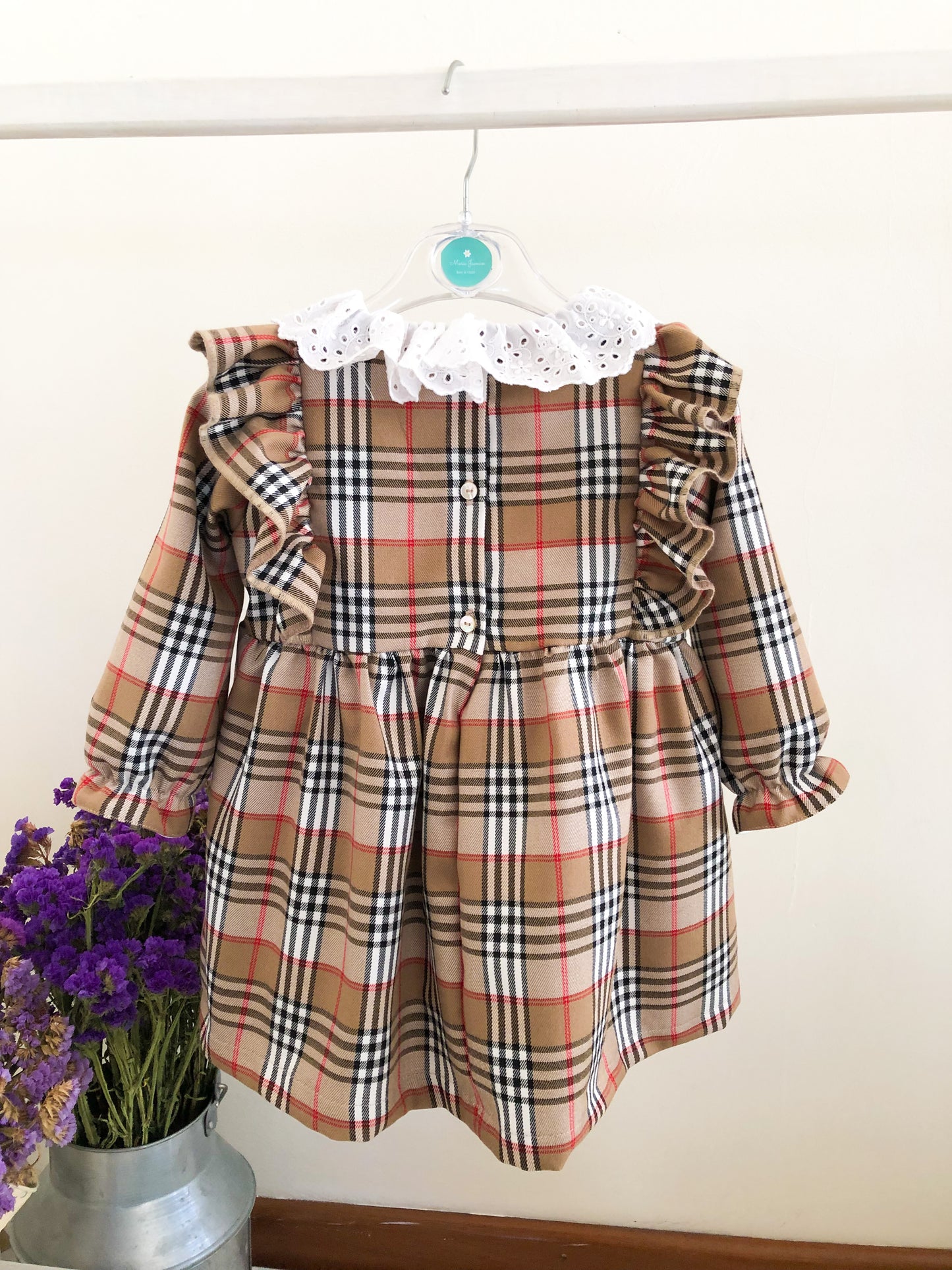 Beige Tartan Dress with English Embroidery Collar