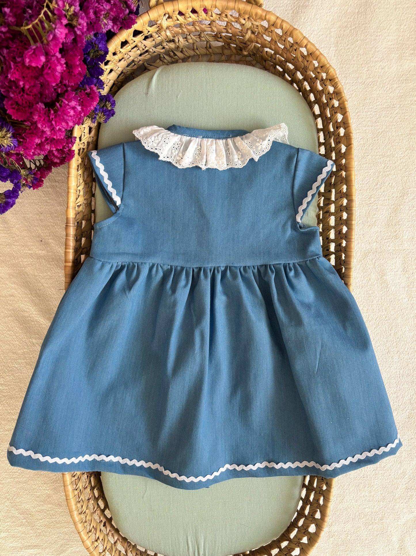 Vestido Ganga Azul Gola Bordado Inglês