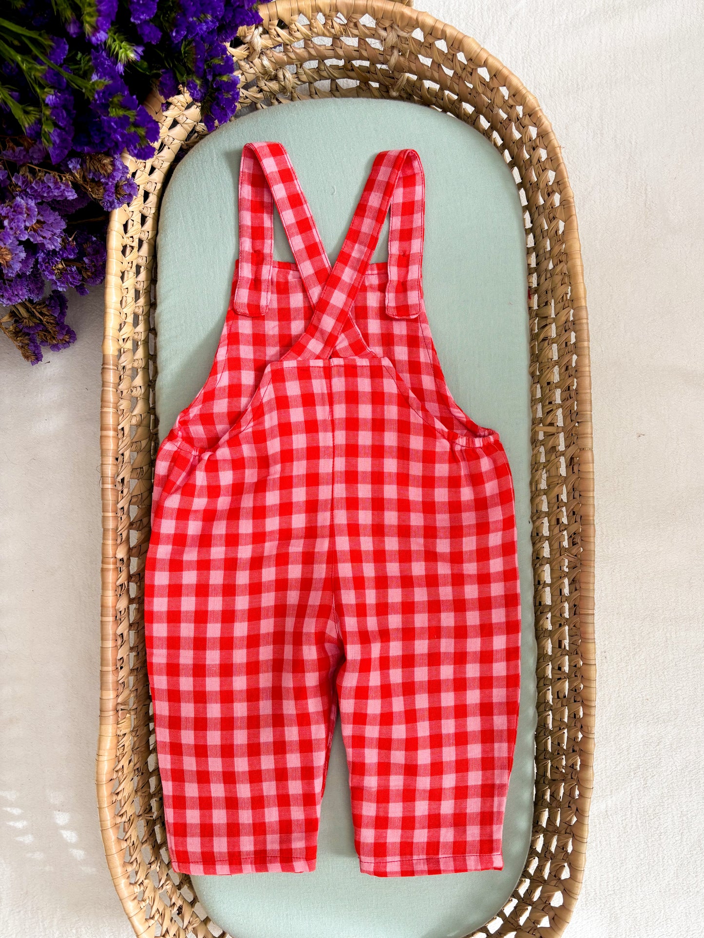 Pink and Red Vichy Muslin Dungarees