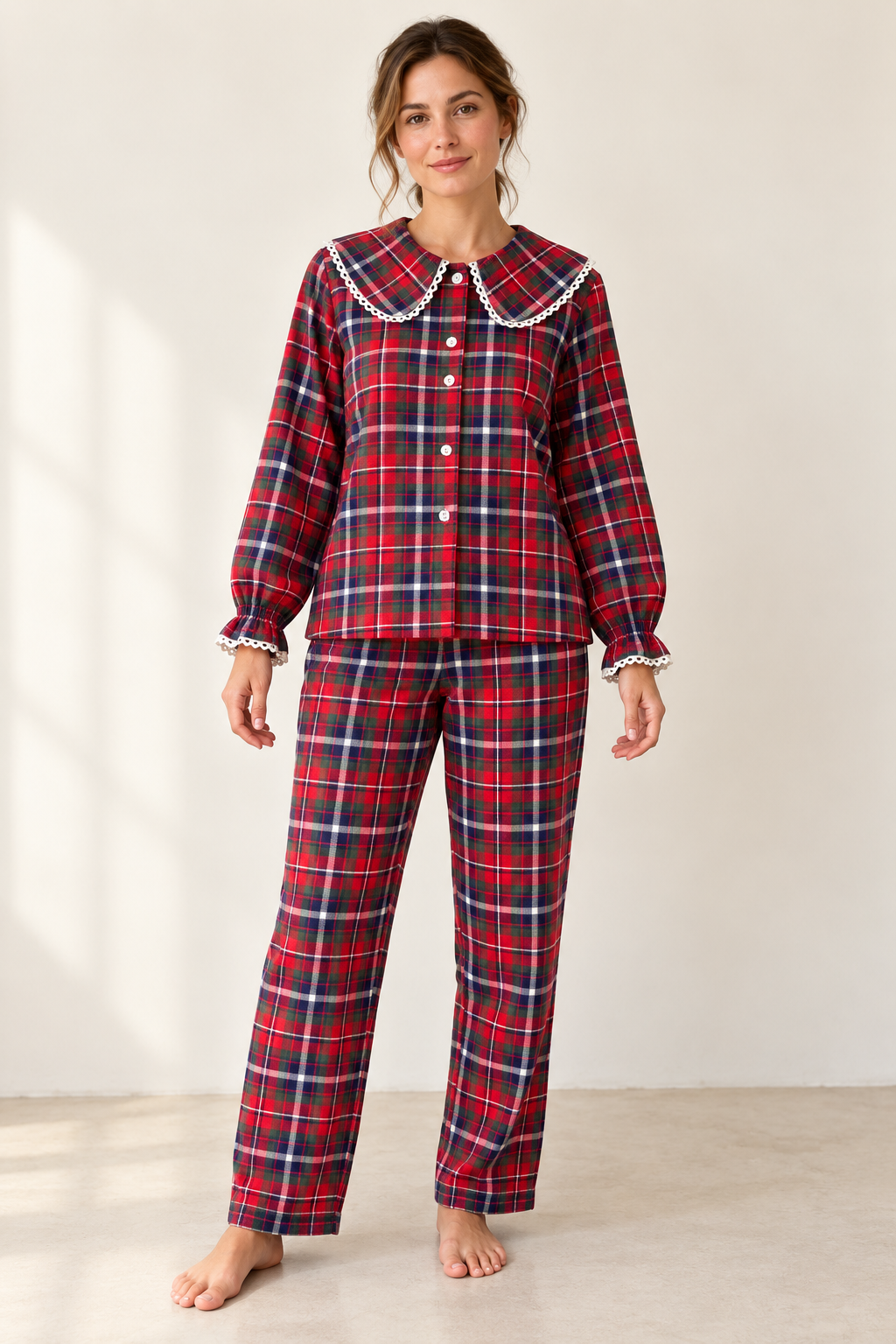 Pijama Xadrez Gola Volante - Natal - Mulher