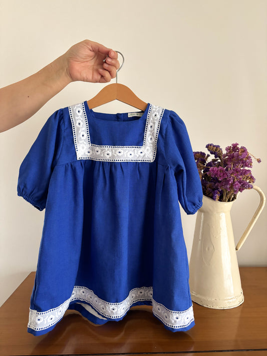 Vestido Linho Azul Bordado Inglês
