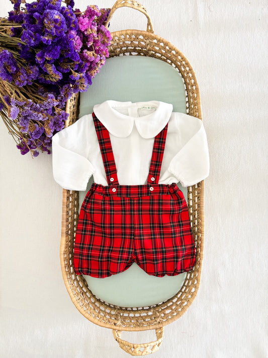 Conjunto Bloomer Tartan Xadrez Vermelho e Bodie Camisa Gola Peter Pan