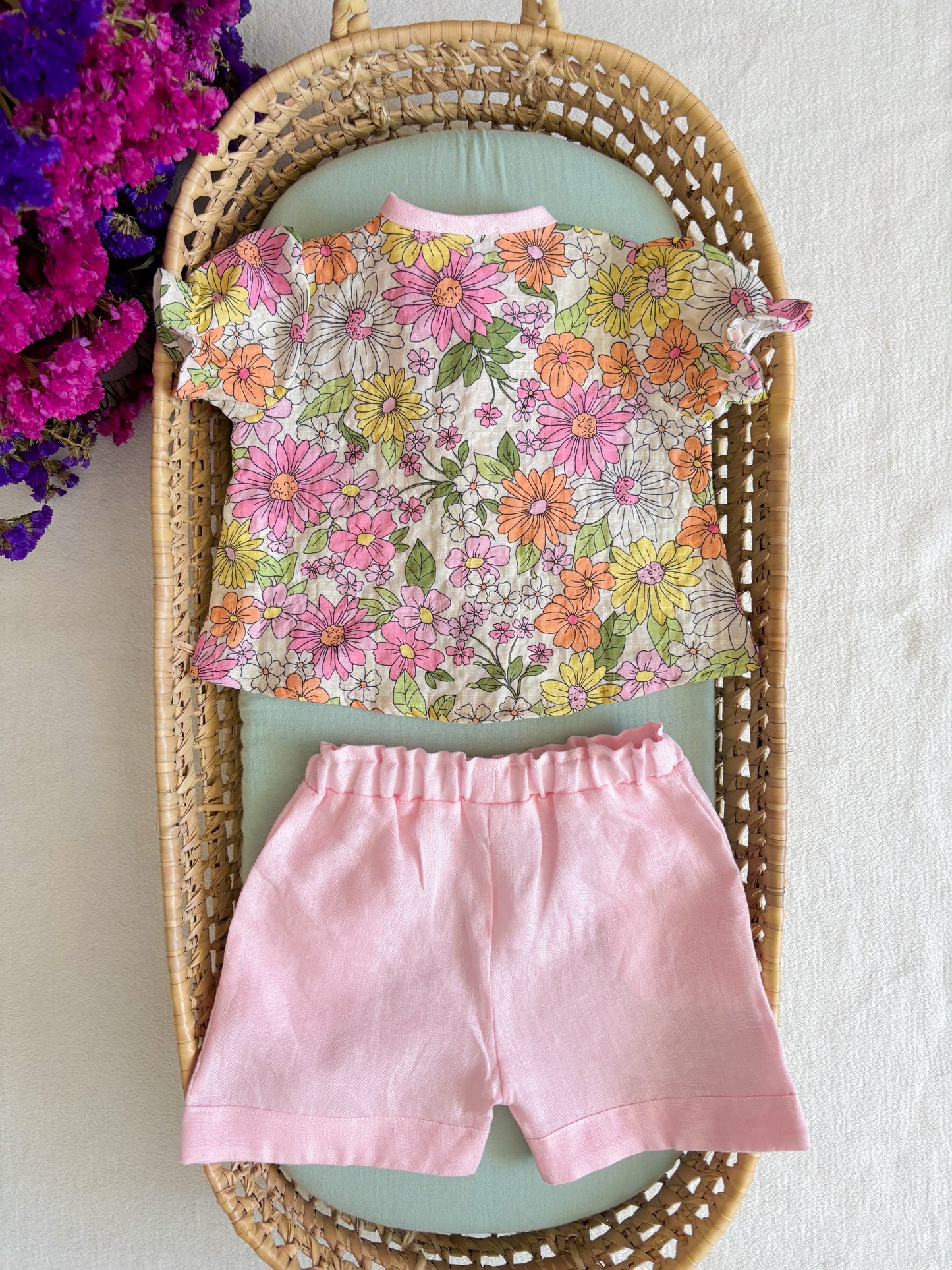 Conjunto Blusa e Calção Linho Rosa Florido