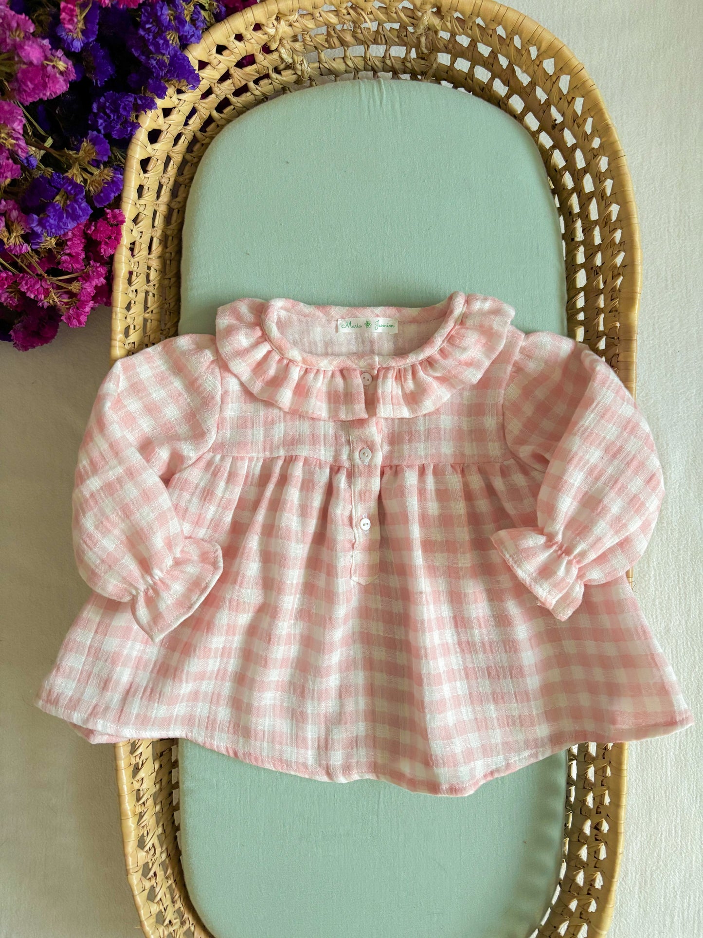Blusa Musselina Vichy Rosa e Branco