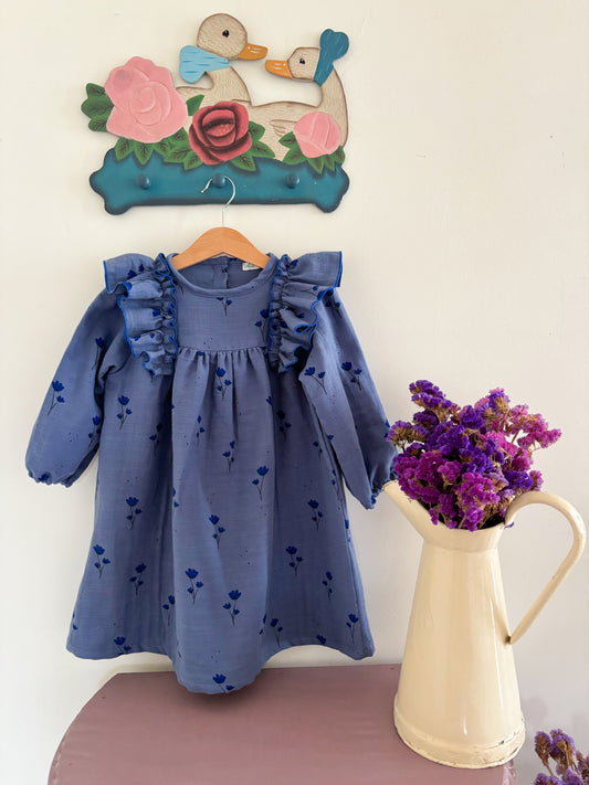 Vestido Musselina Azul Flores