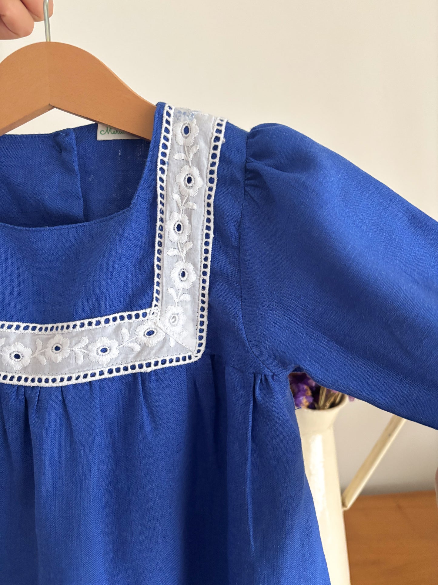 Vestido Linho Azul Bordado Inglês