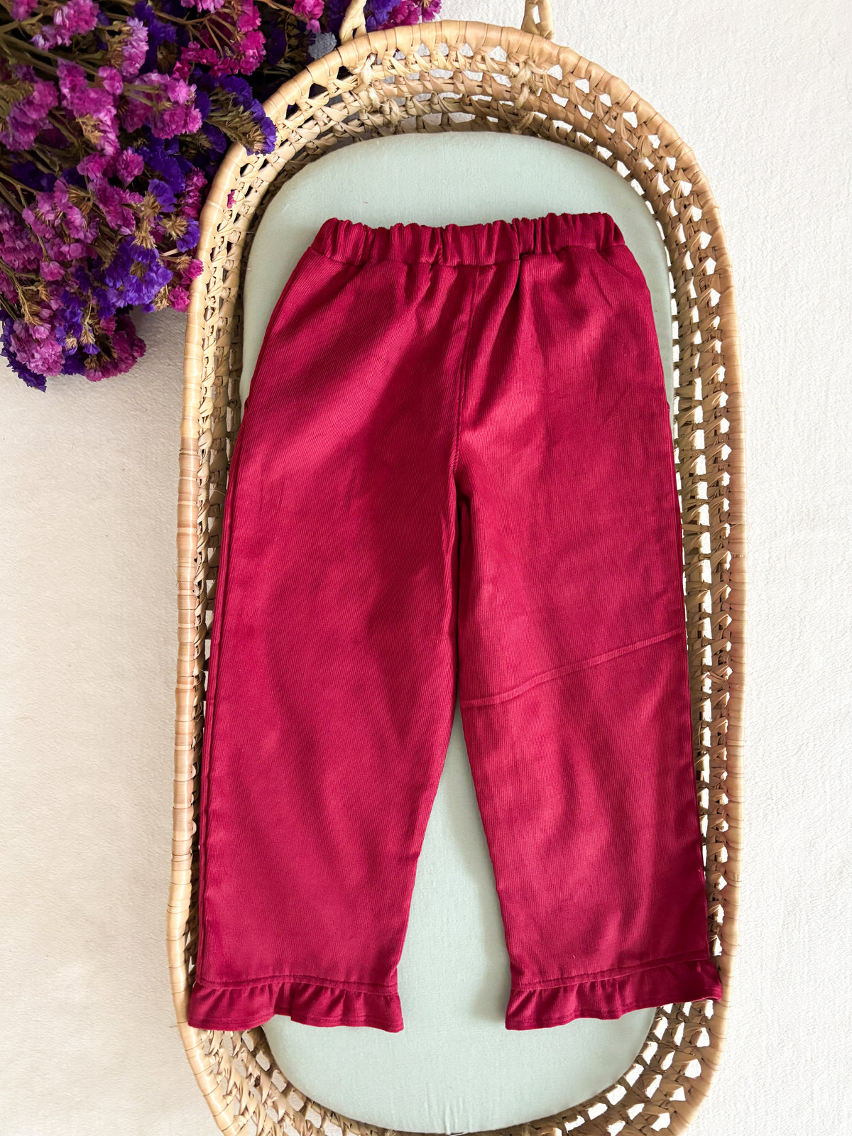 Calça Bombazina Cor de Rosa Folhos