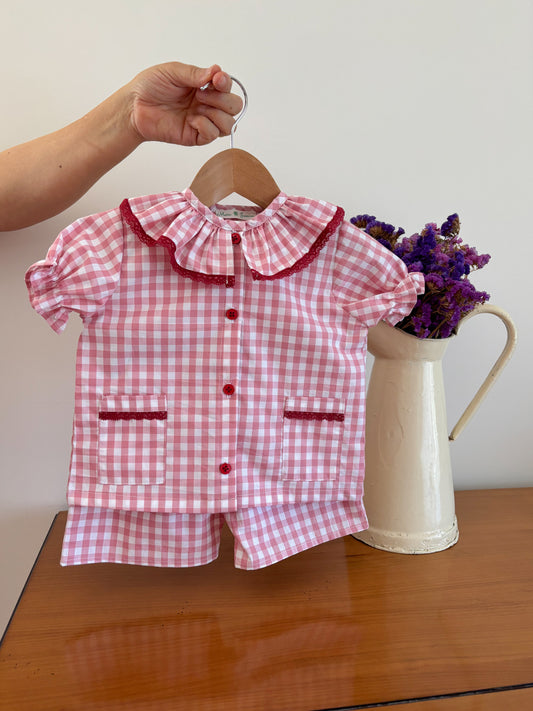 Pijama Vichy Rosa y Blanco Cuello Volante - Manga Corta