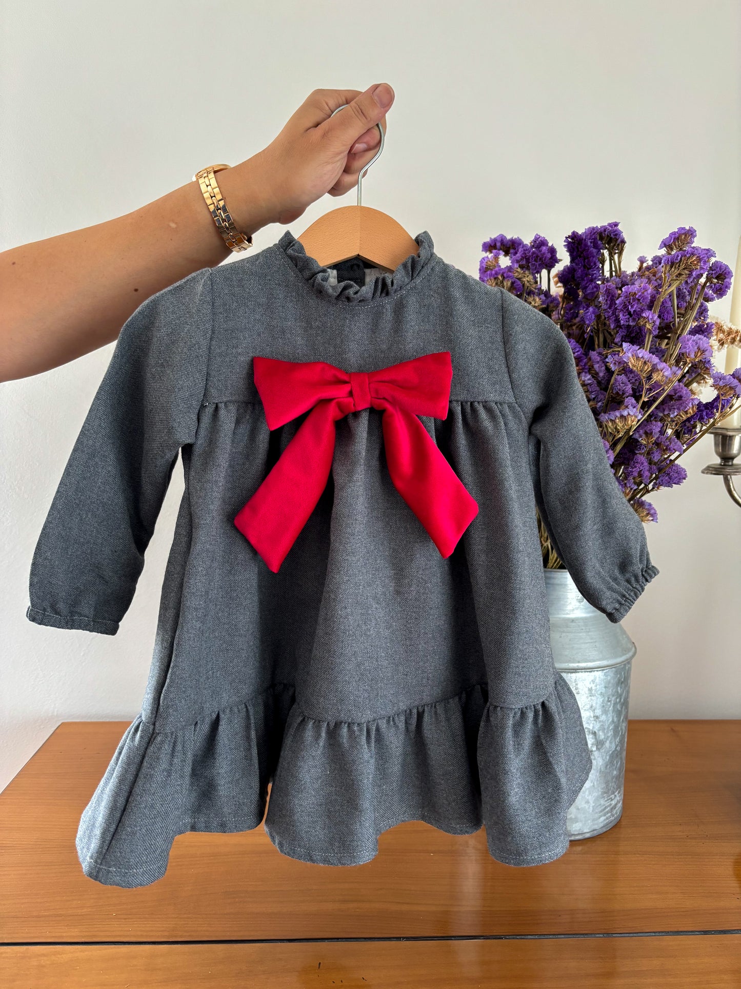 Gray Dress with Red Velvet Bow