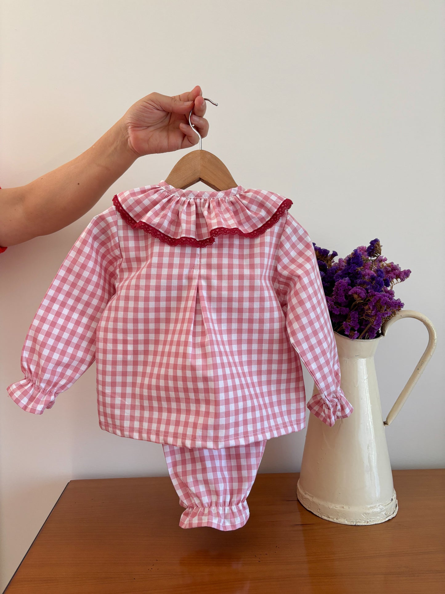 Pijama Vichy Rosa e Branco Gola Volante