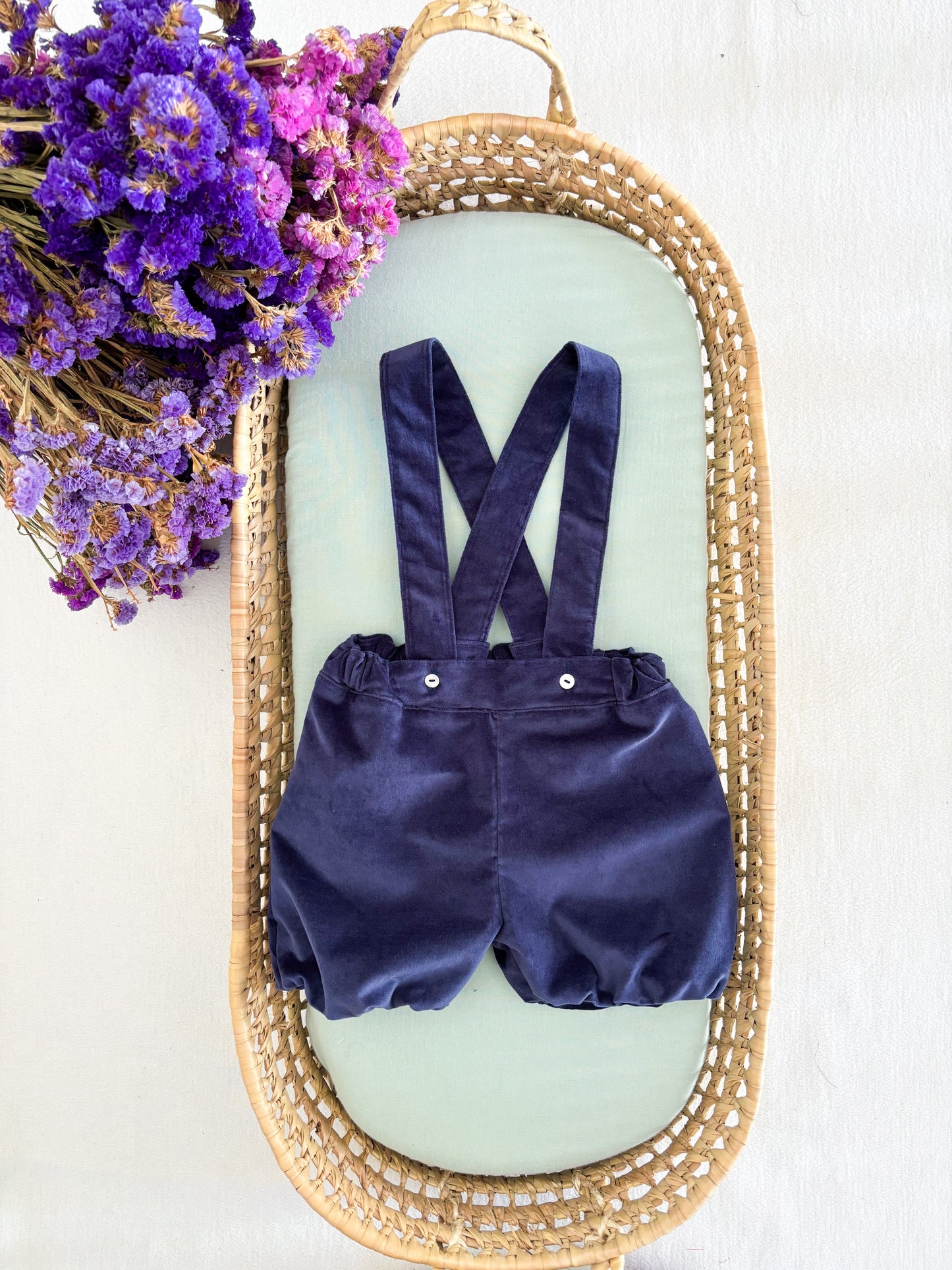 Conjunto Pantalones Bombachos Aterciopelada Azul Narino y Body Cuello Peter Pan