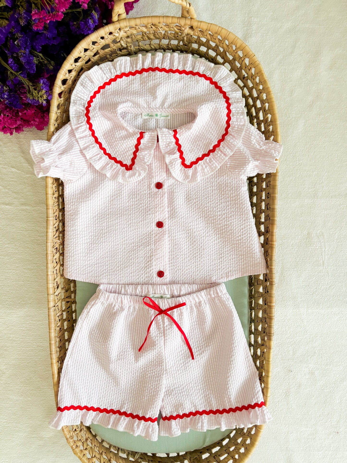 Conjunto Blusa e Calção Risca Rosa