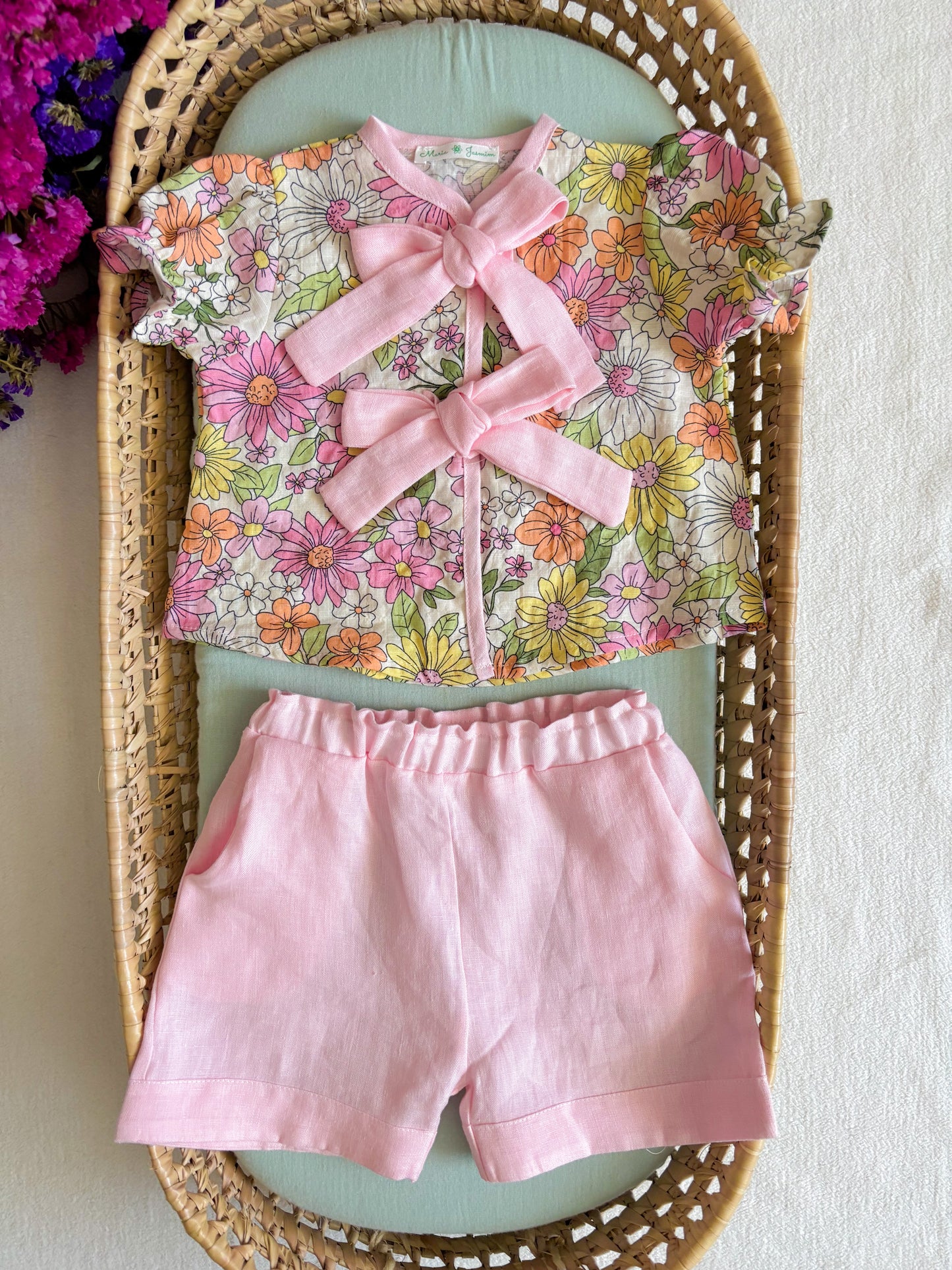 Conjunto Blusa e Calção Linho Rosa Florido