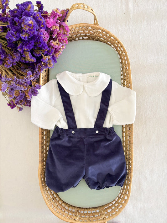Conjunto Bloomer Bombazina Aveludada Azul Marinho e Bodie Camisa Gola Peter Pan