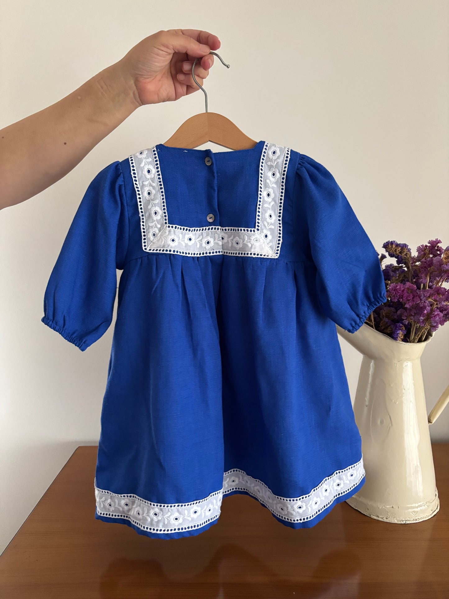 Vestido Linho Azul Bordado Inglês