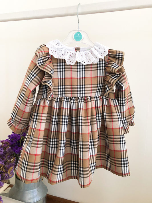 Beige Tartan Dress with English Embroidery Collar