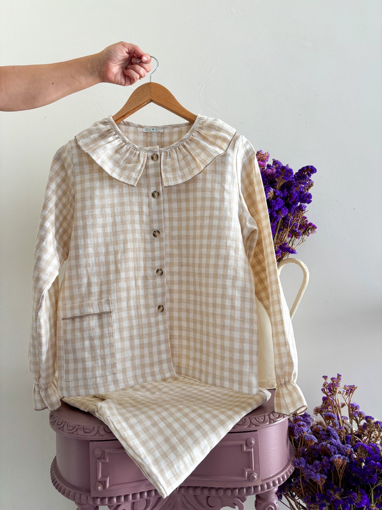 Pijama de Muselina Vichy Beige – Mujer