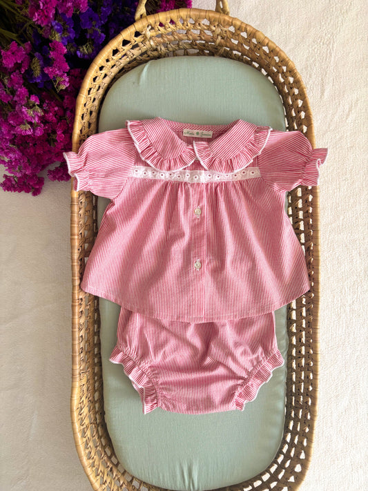 Conjunto Blusa y Cubrepañal Rayas Rojas