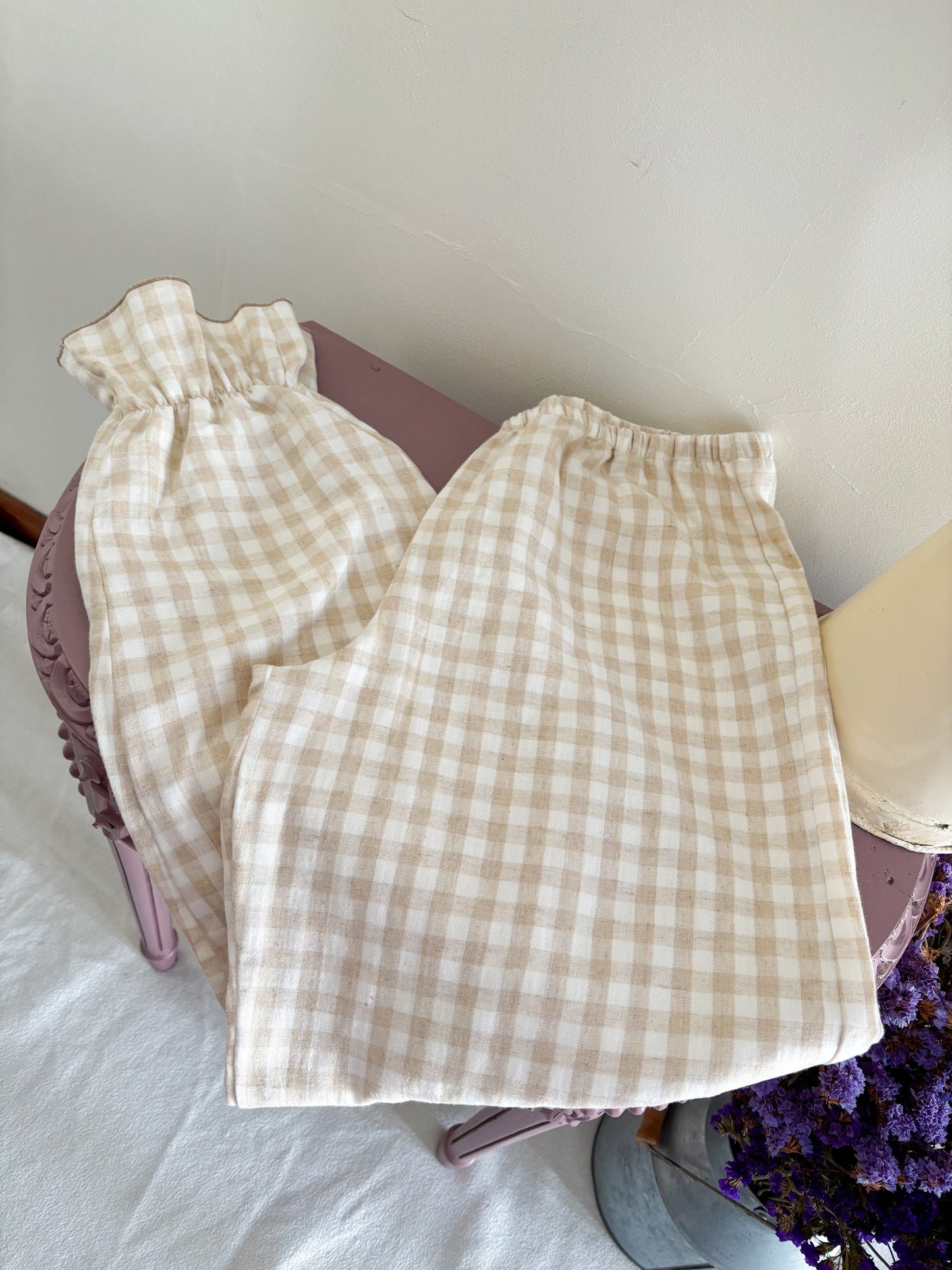 Pijama de Muselina Vichy Beige – Mujer