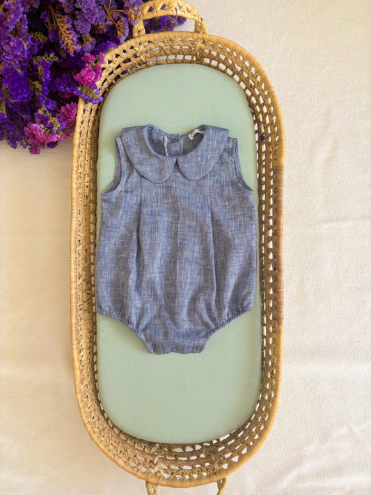 Blue Linen Romper with Peter Pan Collar