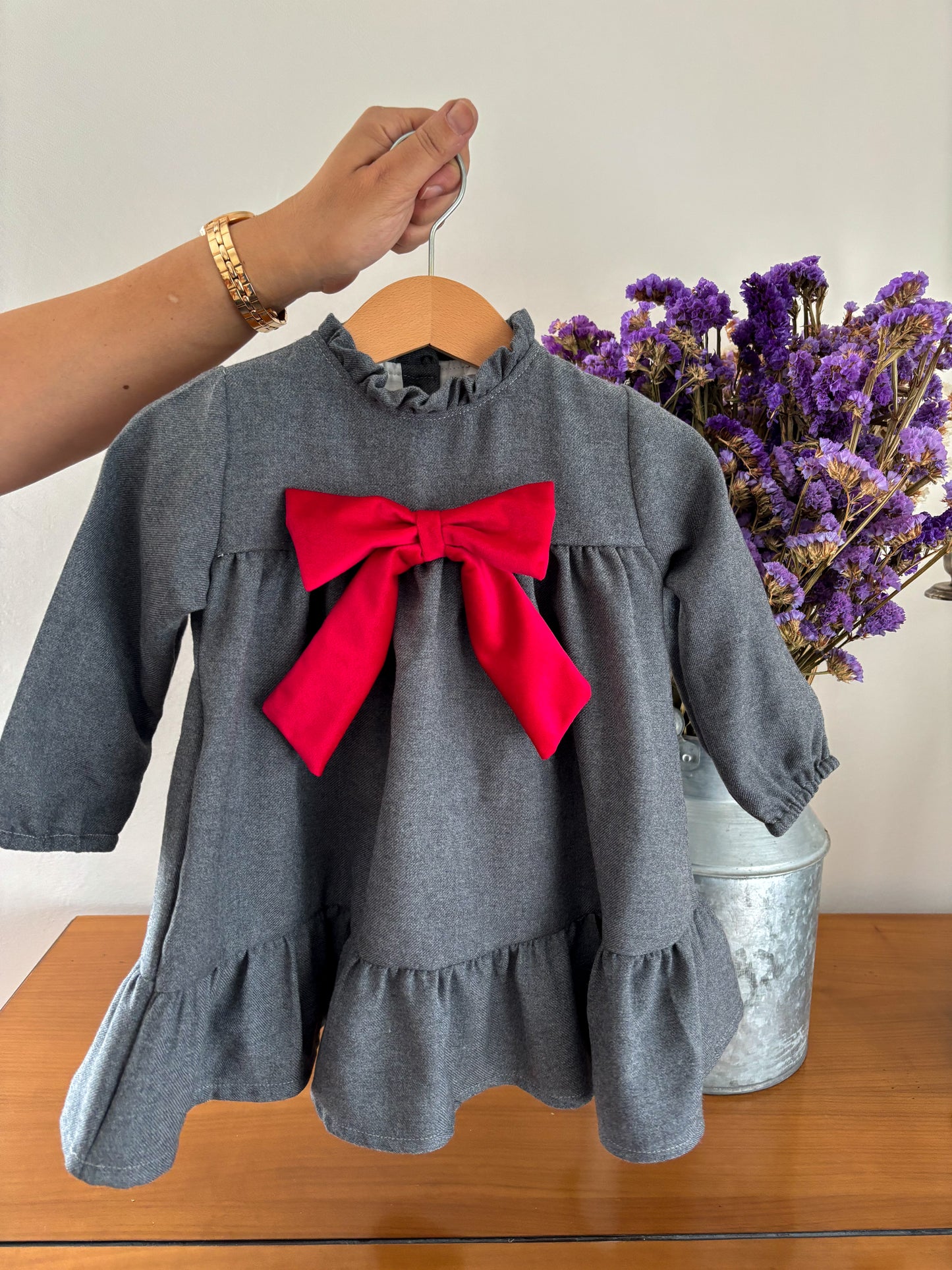 Gray Dress with Red Velvet Bow