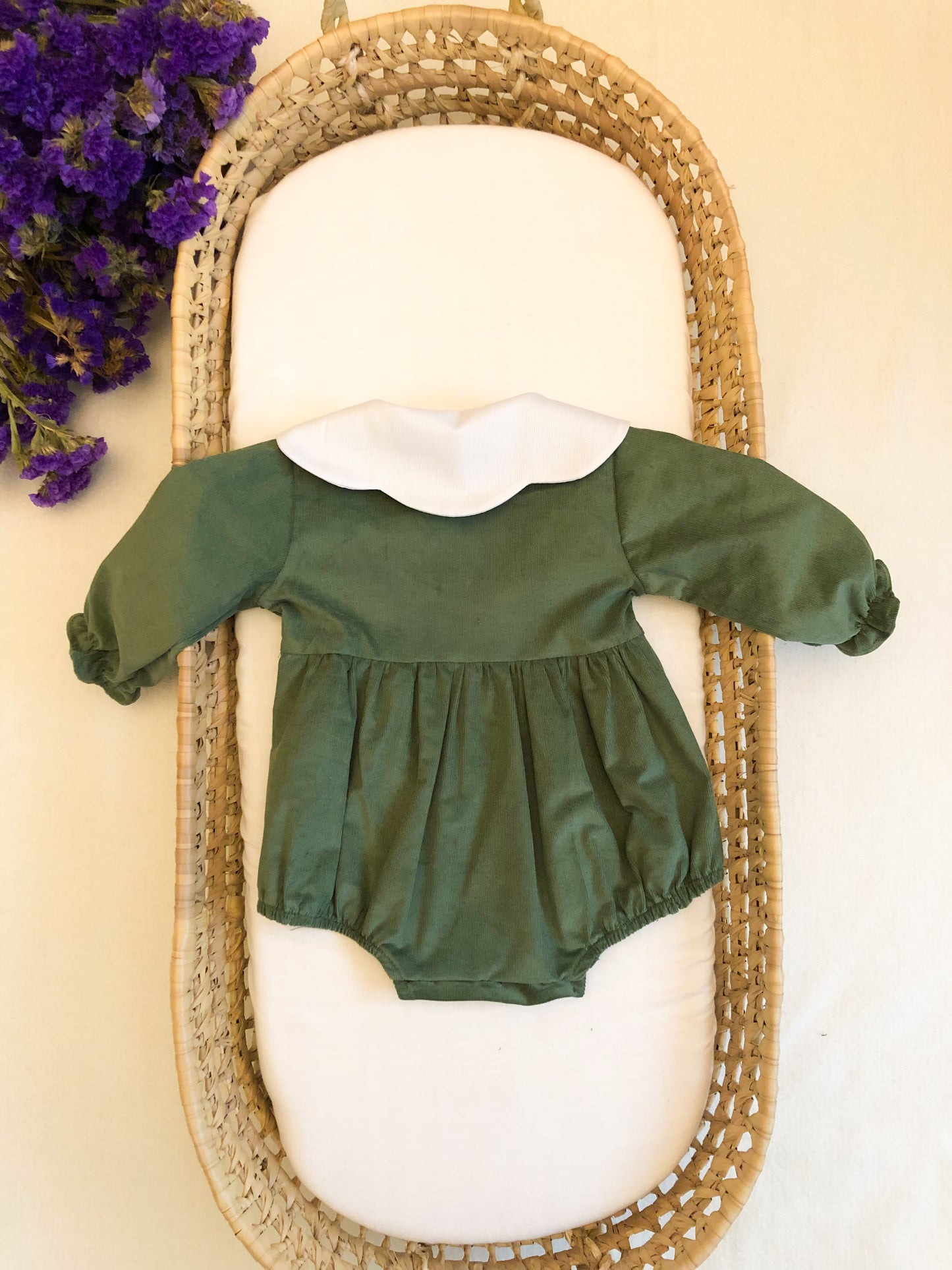 Green Corduroy with Flower Collar Romper