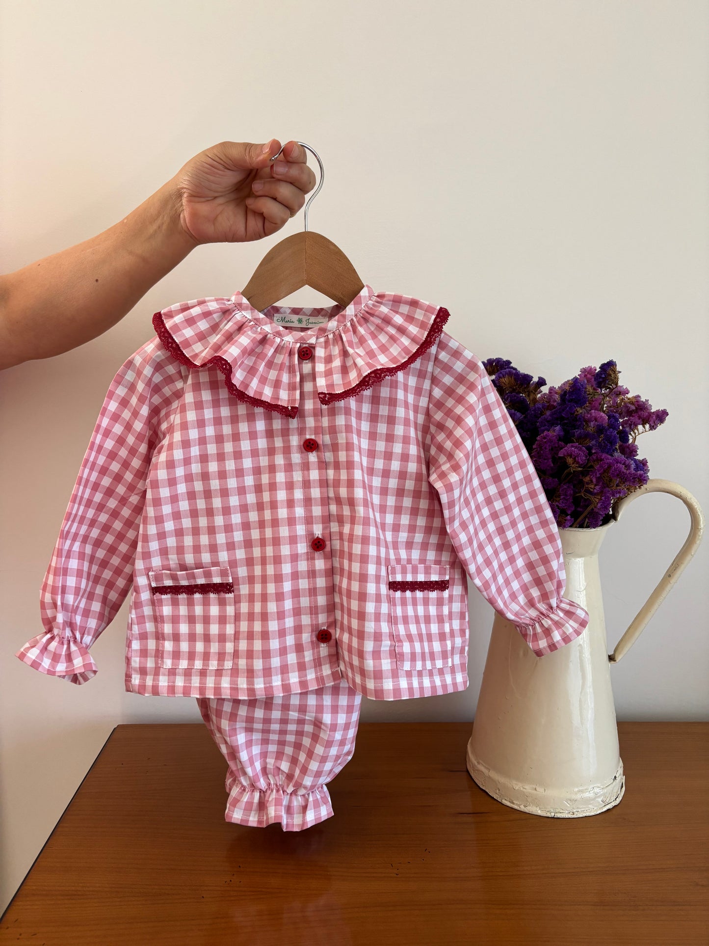 Pijama Vichy Rosa e Branco Gola Volante