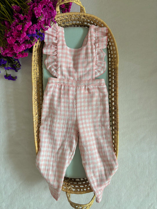 Jardineira Musselina Vichy Rosa