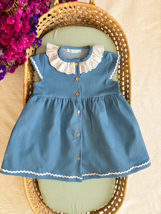 Vestido Ganga Azul Gola Bordado Inglês