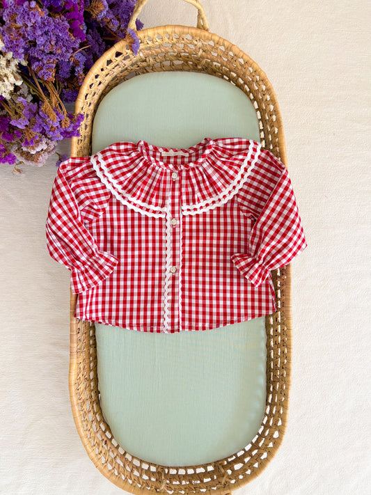 Camisa Vichy Vermelho Gola Voltante