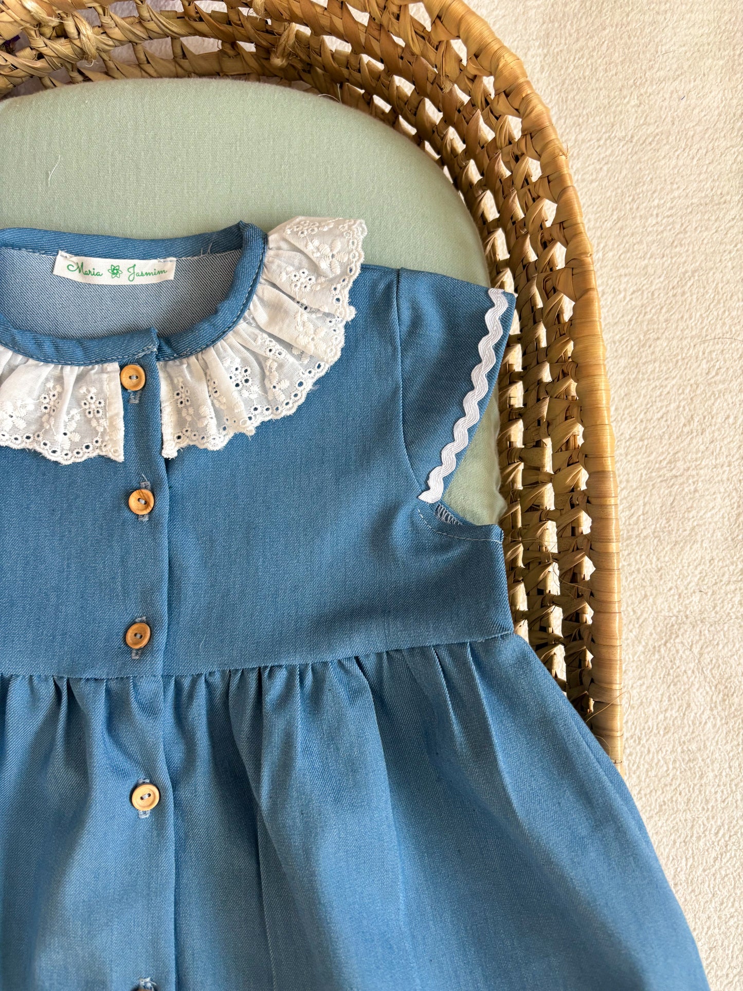 Vestido Ganga Azul Gola Bordado Inglês