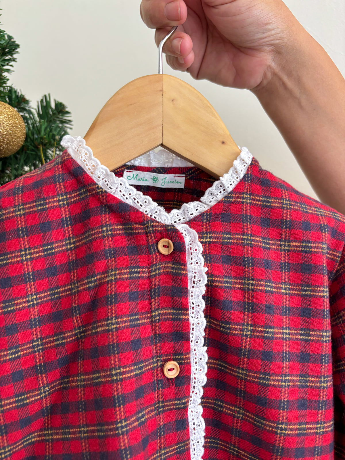 Pijama Xadrez Vermelho c/Bordado Inglês - Natal