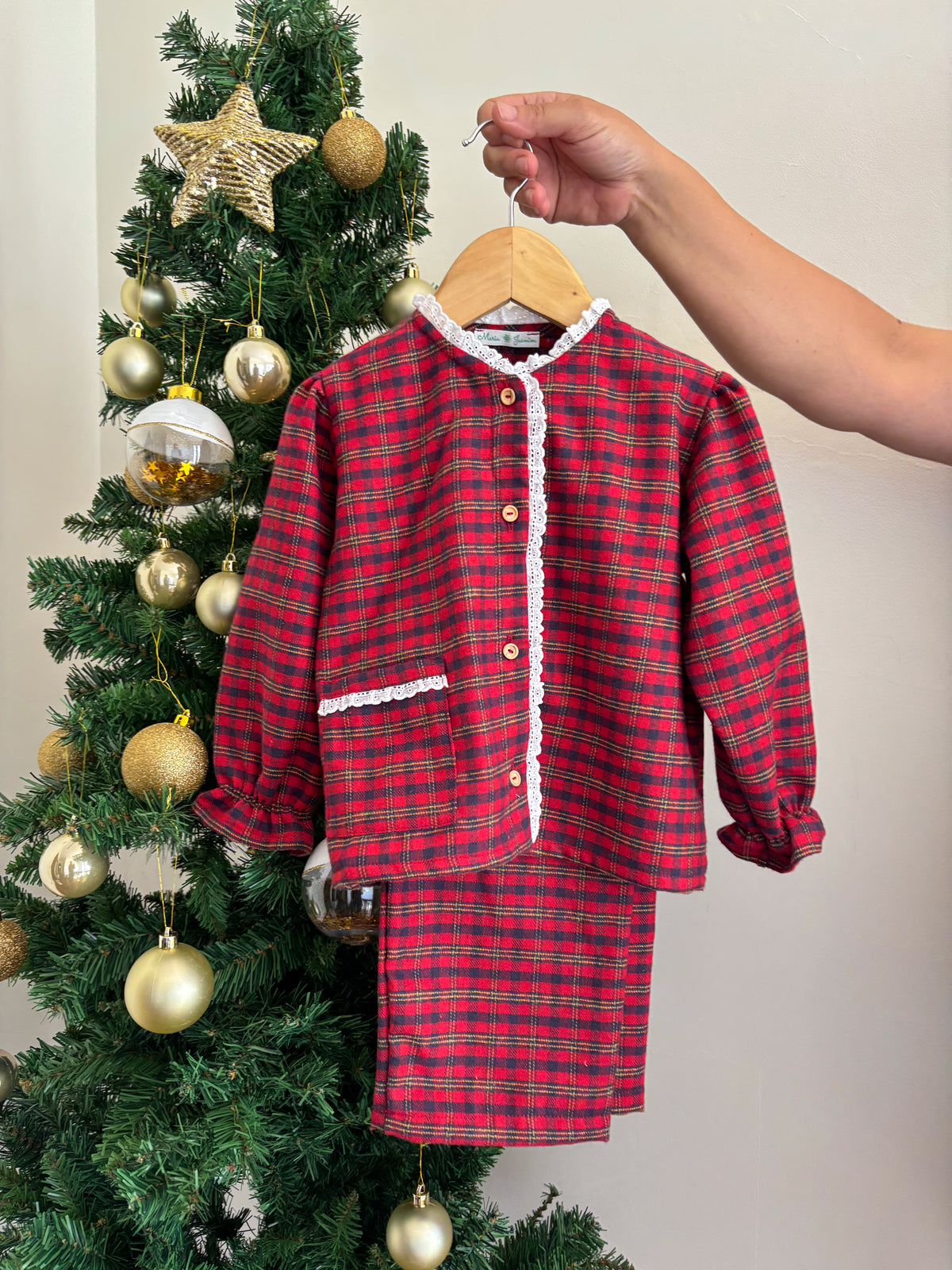 Pijama Xadrez Vermelho c/Bordado Inglês - Natal