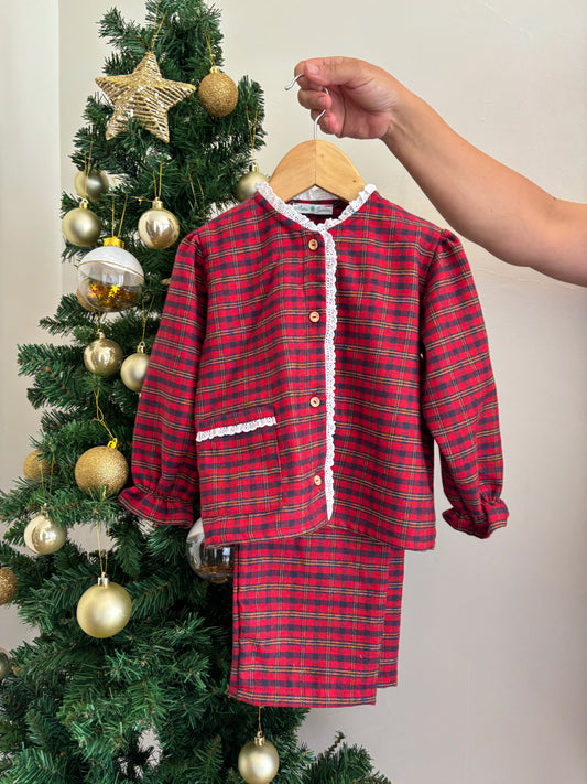 Pijama Xadrez Vermelho c/Bordado Inglês - Natal