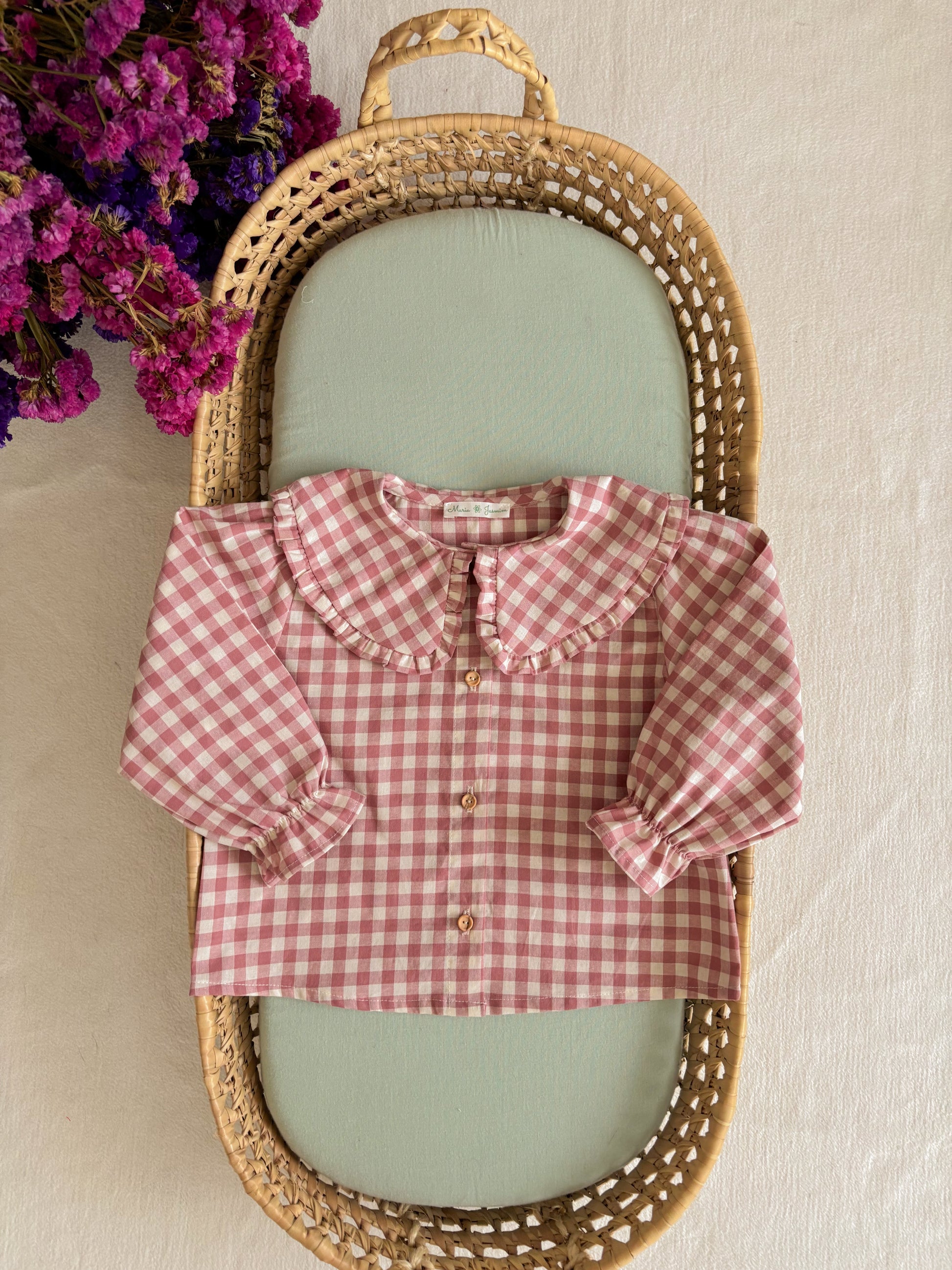 Blusa gola boneca vichy rosa e creme - menina