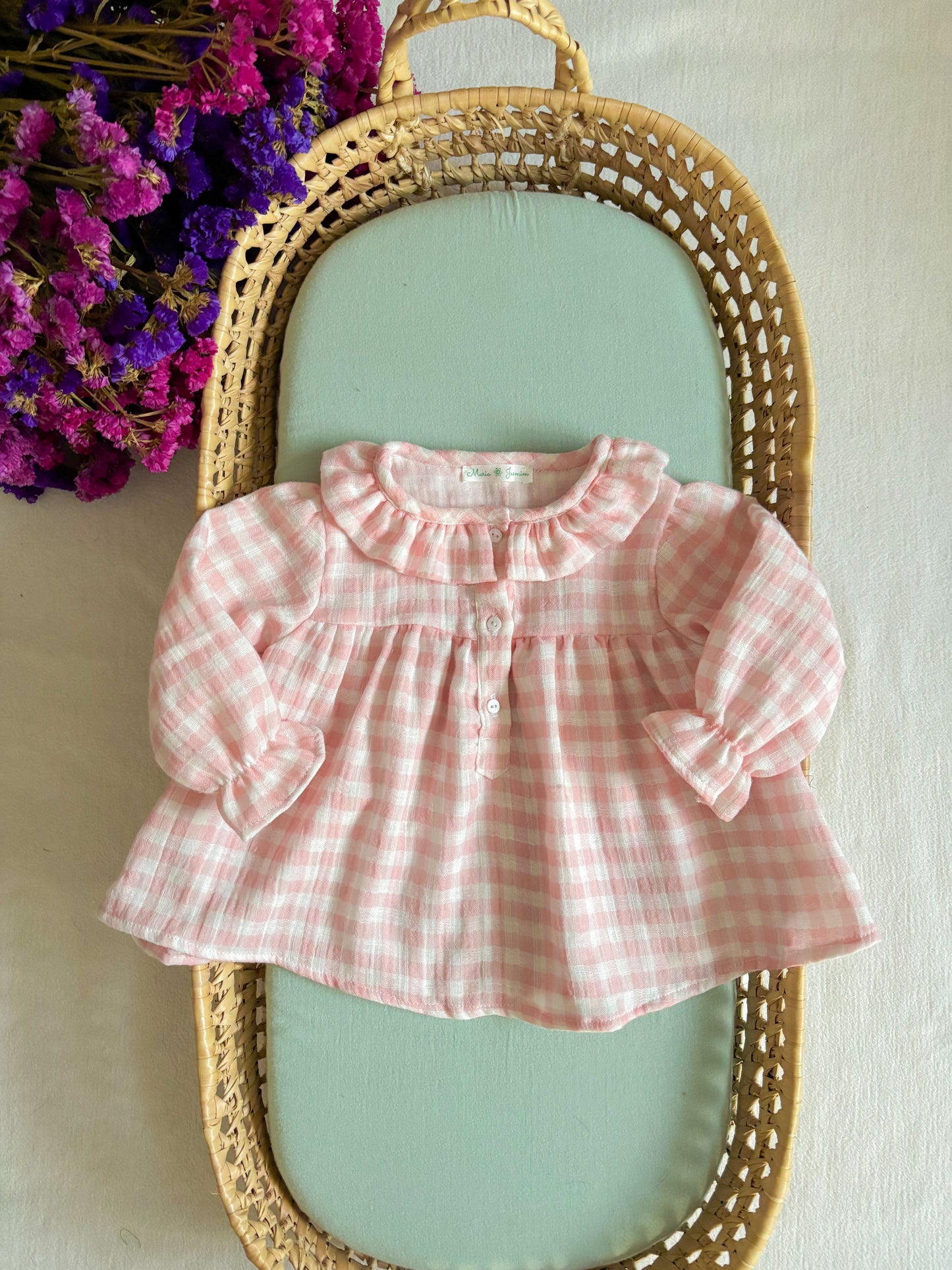 Blusa Musselina Vichy Rosa e Branco