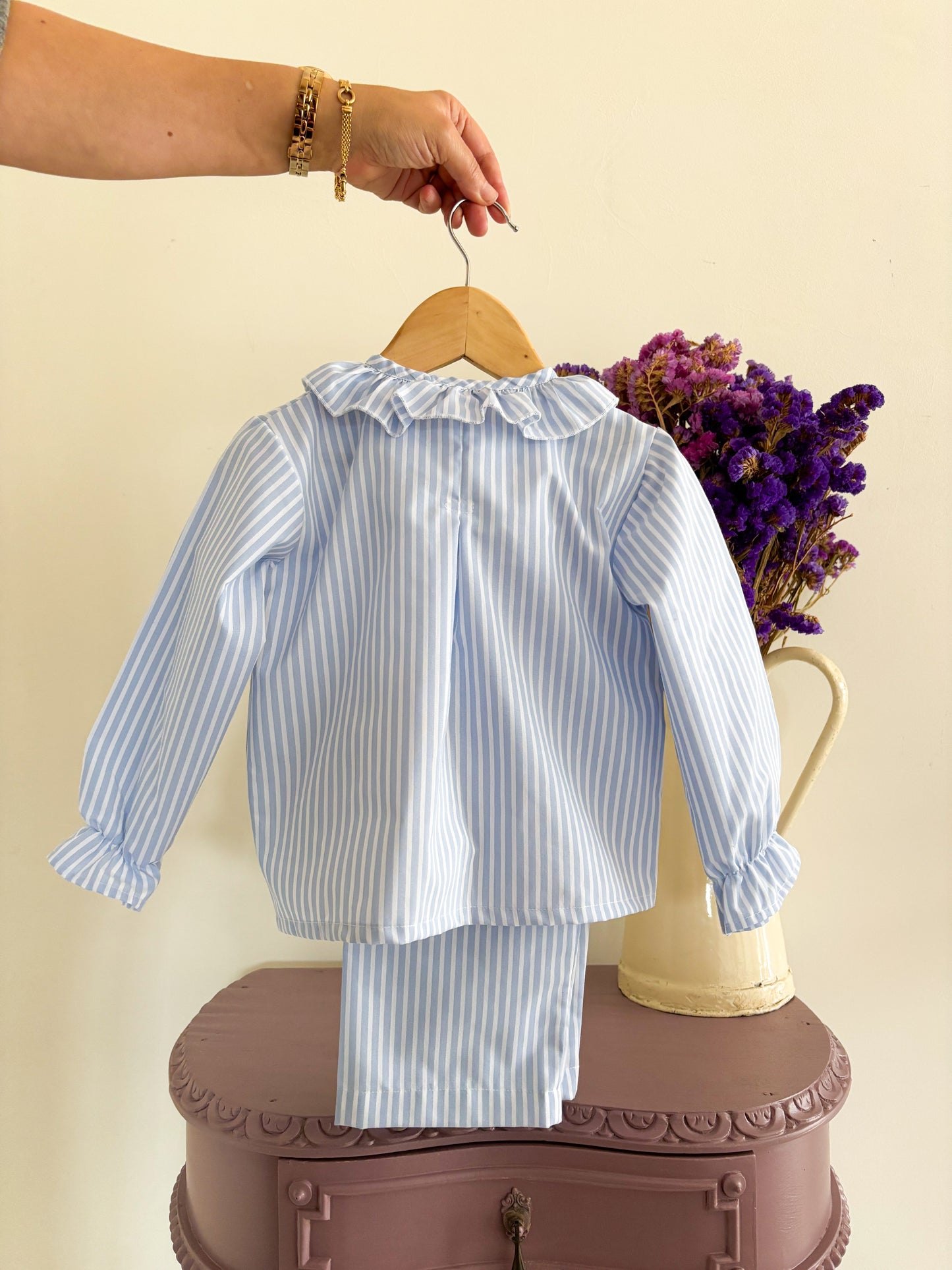 Pijama Risca Azul Folho