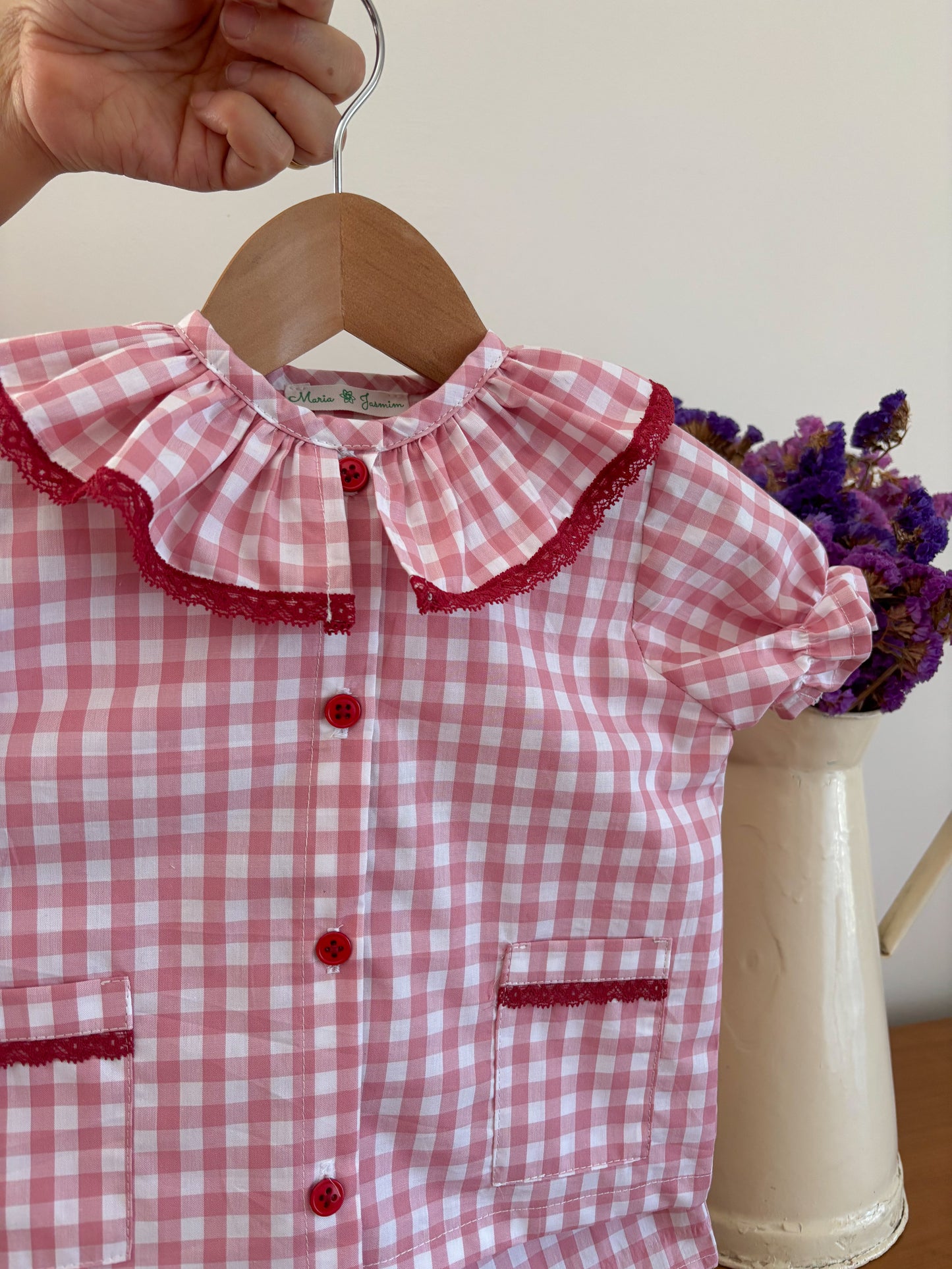 Pijama Vichy Rosa y Blanco Cuello Volante - Manga Corta