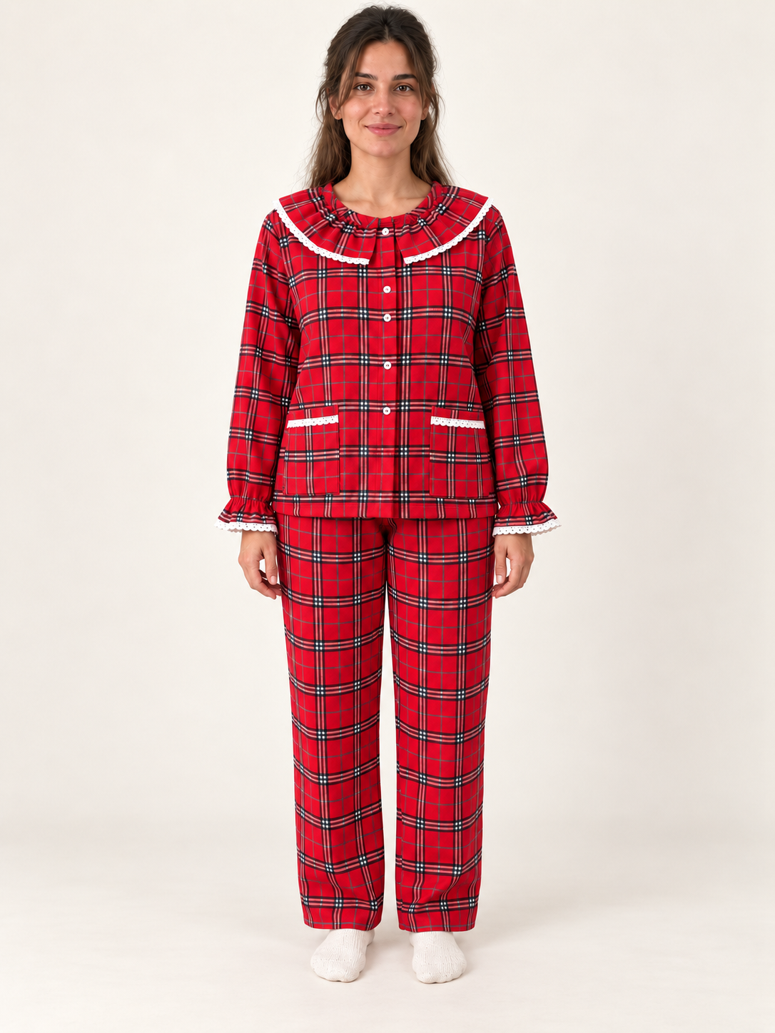 Red & Black Tartan Pyjamas with Frill Collar – Christmas