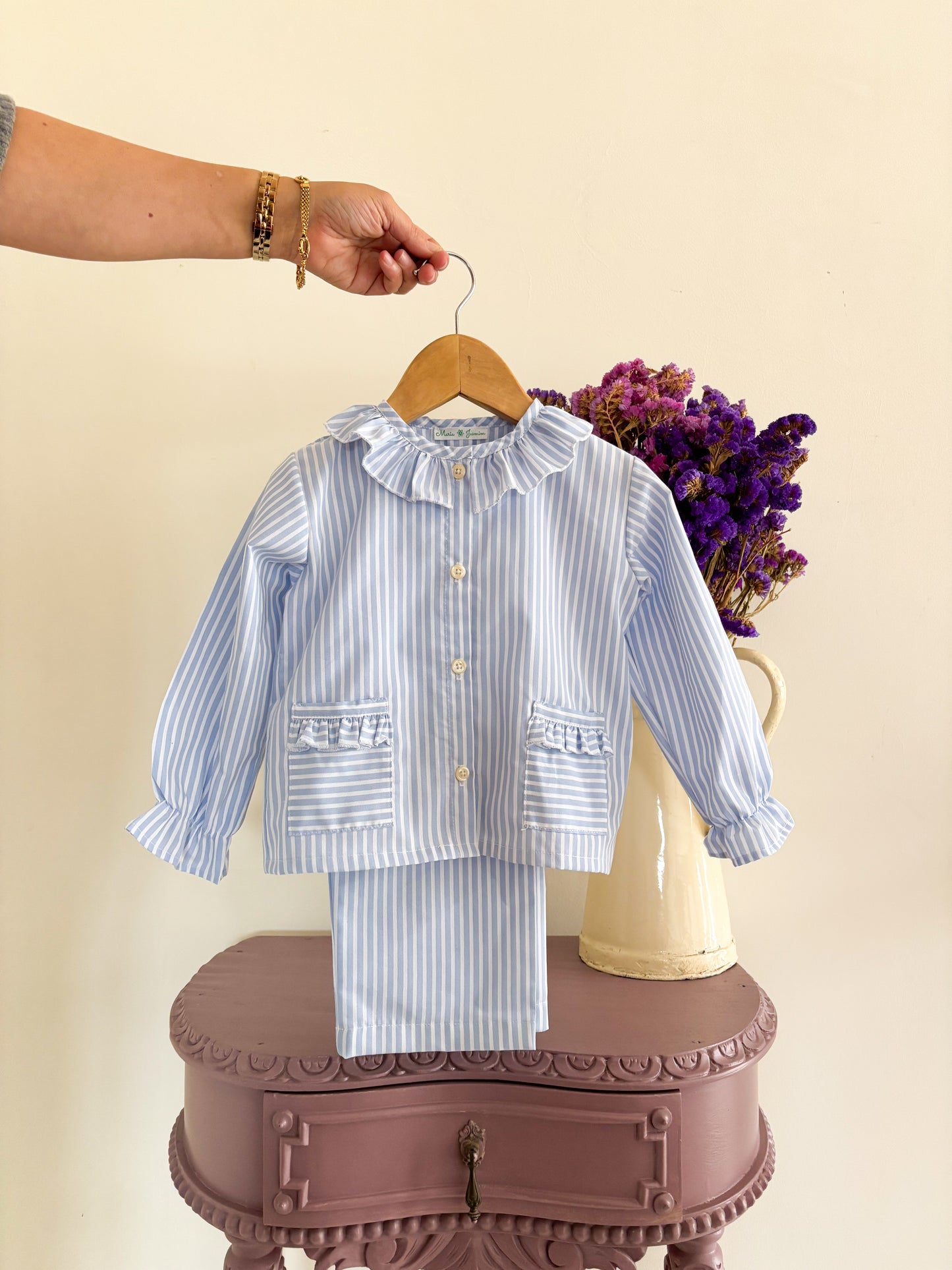 Pijama Risca Azul Folho