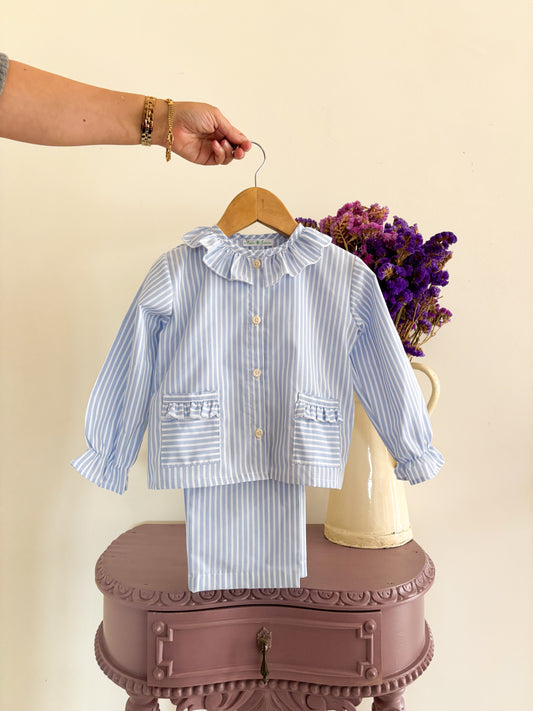 Pijama Risca Azul Folho