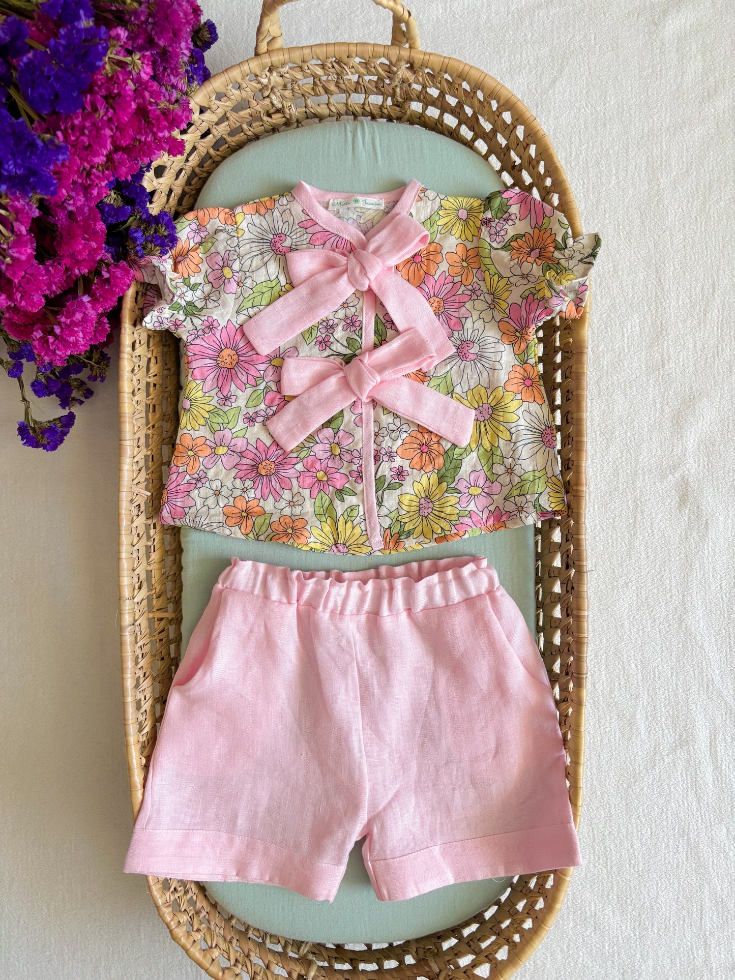 Conjunto Blusa e Calção Linho Rosa Florido