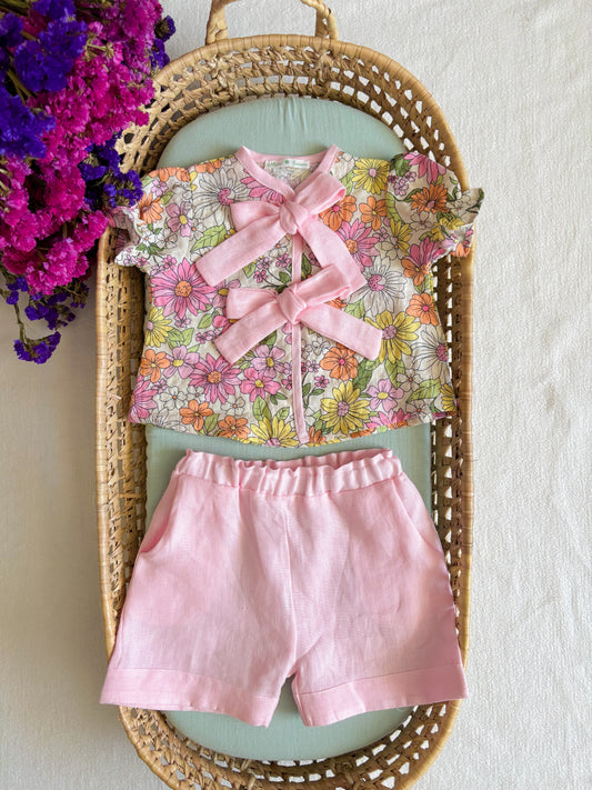 Conjunto Blusa e Calção Linho Rosa Florido