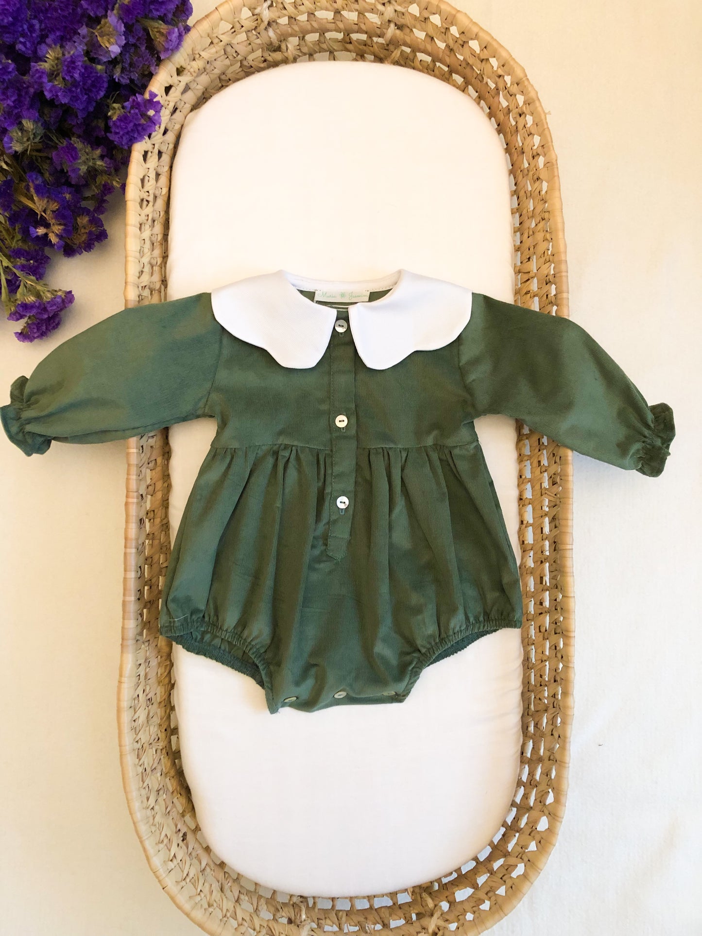 Green Corduroy with Flower Collar Romper