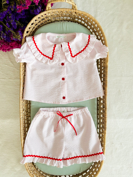Conjunto Blusa e Calção Risca Rosa