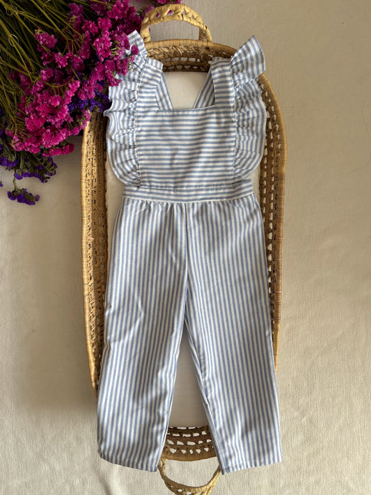 jardineira risca azul folhos