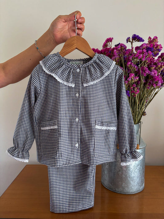pijama vichy azul marinho e branco bordado inglÊs