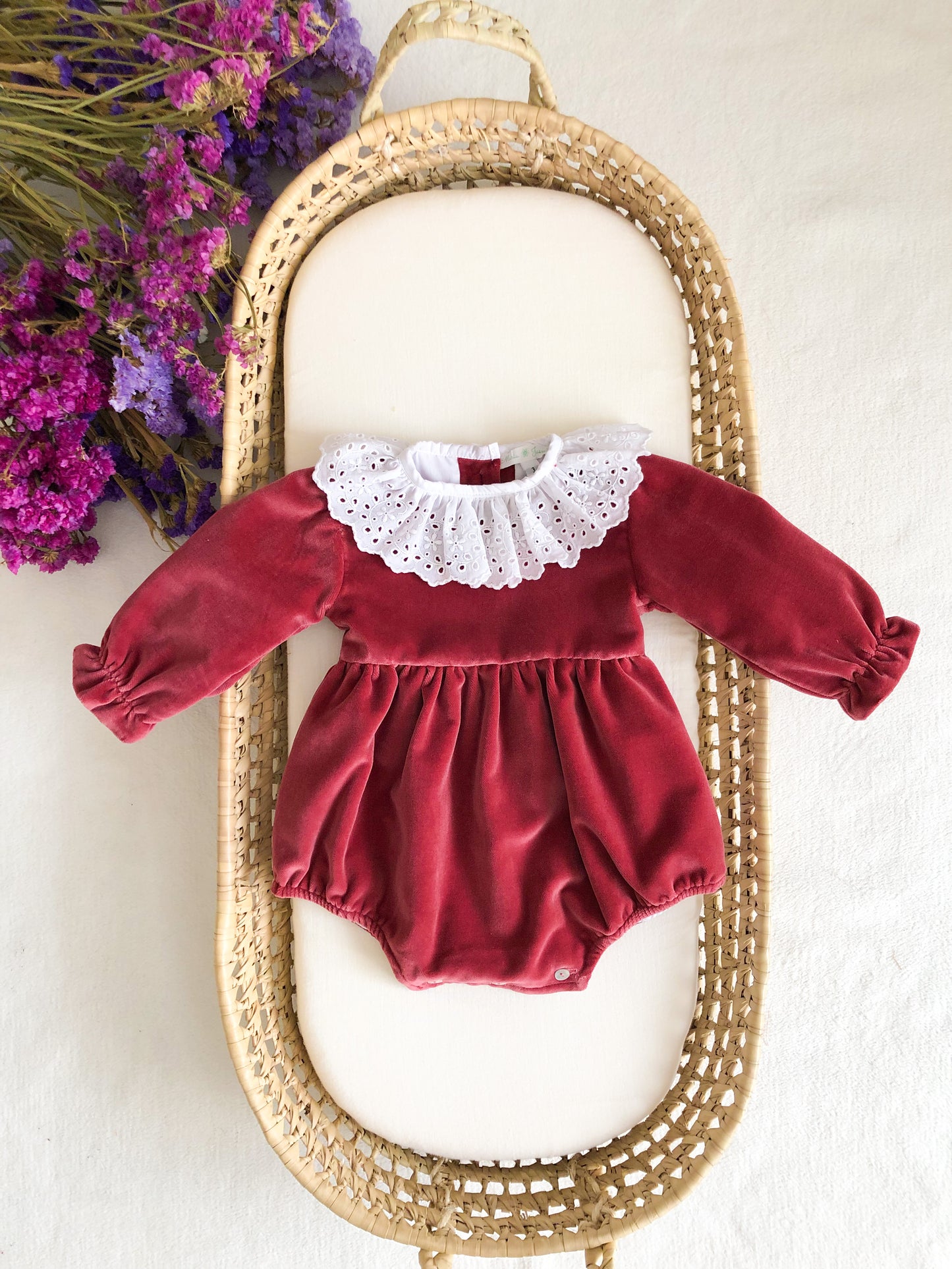 Old Pink Velvet with English Embroidery Collar Romper