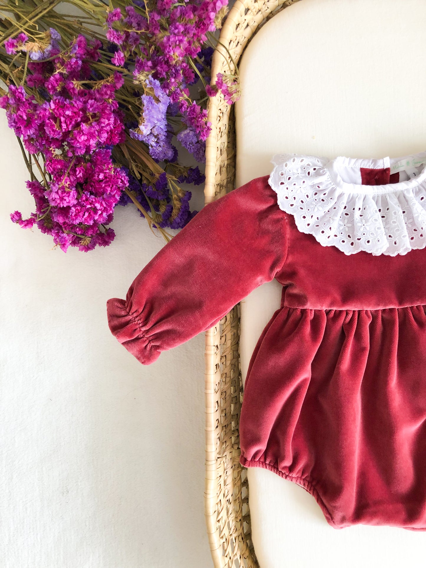 Old Pink Velvet with English Embroidery Collar Romper